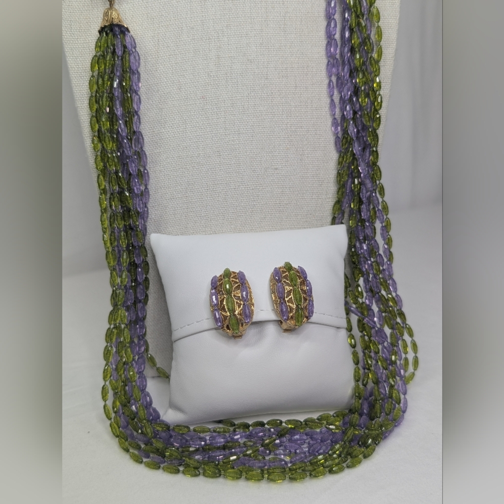 Vintage Purple And Green Statement Necklace & Earrings Set - Estate Jewelry - Picture 5 of 10